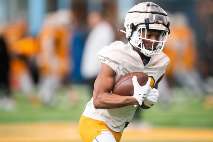 Tennessee Volunteers WR Squirrel White during spring practice on March 20, 2023, in Knoxville, Tennessee. (Photo by Brianna Paciorka of the News Sentinel)